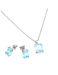 Rhodium Plated 925 Sterling Silver Prong Set March Birthstone Aquamarine Faceted Cubic Zirconia CZ Earring and Necklace Set