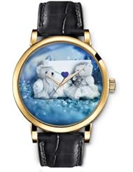SPRAWL Aanalog Fashion Series Gold Ladies Watches of Genuine Black Leather Strap,Unique Wrist Watch for Women Girls Designed with Cute couple of bears