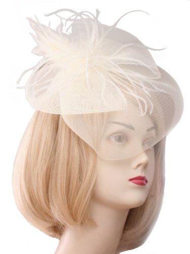 White Flower Bridal Feather Fascinator Headband Mesh