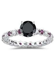 2.00 Cts Black & White Diamond & 0.45 Cts Ruby Ring in 14K White Gold