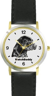 Labrador Retriever - Black (SC) Dog - WATCHBUDDY® DESIGNER DELUXE TWO-TONE THEME WATCH - Arabic Numbers-EVENING TWILIGHT STYLE - Gray Dial with Black Leather Strap-Size-Large ( Men's Size or Jumbo Women's Size )