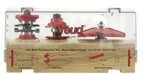 Freud 98-300 Three Piece Exterior-Interior Door Construction Set Includes 99-267 Roundover R and S w 99-515 Bevel Raise Panel Bit- 1-34 or 1-38 Doors
