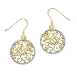 18k Yellow Gold Plated Sterling Silver Diamond-Accent Floral Medallion Earrings
