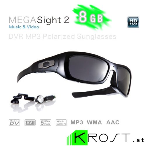 MEGASight2 | 8GB | High Definition 720P 5 MegaPixel Kamera MP3 Sonnenbrille: Hi Tech Multimedia 4GB HD Kamera Sonnenbrille mit MP3 Player + Webcam Funktion + polarisierte UV400 Gläser von krost.at | Spion Kamera | Webcam | Sonnenbrille | MP3 Player | Sportbrille | Action Brille | Video Brille | Spy cam | Versteckte Kamera | Party Brille | Helm Kamera | Mini Kamera | Musik Sonnenbrille | MEGASight 2
