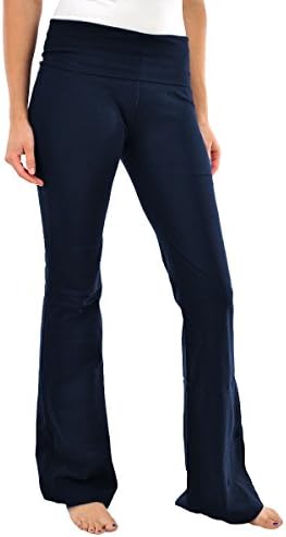 Viosi Women's Fold Over Cotton Spandex Lounge Yoga Pants (Large, Navy)