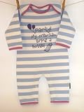 Party at my crib 2am bring a bottle' baby blue/white 0-6 months striped romper sleepsuit