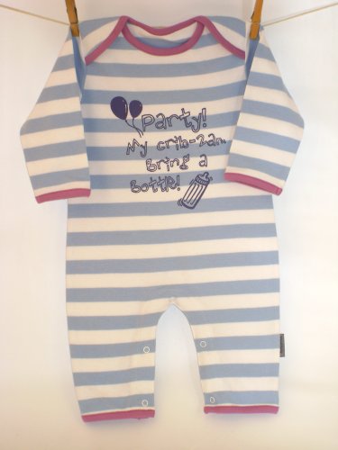 Childrens Toyshop  Toys : Party at my crib 2am bring a bottle' baby blue/white 6-12 months striped romper sleepsuit