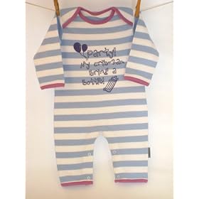 Party at my crib 2am bring a bottle' baby blue/white 0-6 months striped romper sleepsuit