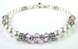 June Lt. Amethyst and Pearl Birthstone Swarovski Crystal Silver Beaded Bracelets/White Pearl Bracelets