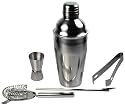 mumbi Cocktail MIXER Bar Set im gebürsteten Edelstahl Design / 5 teilig: Shaker, Sieb, Messbecher, Löffel, Zange