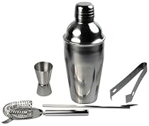 mumbi Cocktail MIXER Bar Set im gebürsteten Edelstahl Design / 5 teilig: Shaker, Sieb, Messbecher, Löffel, Zange