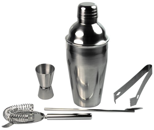 mumbi Cocktail MIXER Bar Set im geb&uuml;rsteten Edelstahl Design / 5 teilig: Shaker, Sieb, Messbecher, L&ouml;ffel, Zange
