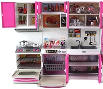 My Modern Kitchen Battery Operated Toy Doll Kitchen Playset w/ Lights, Sounds, Perfect for Use with 11-12" Tall Dolls