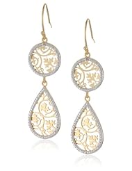 18k Yellow Gold Plated Sterling Silver Two-Tone Filigree Round and Pear Shape Dangle Earrings
