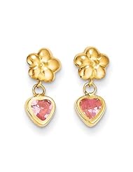 MadiK® 14k Yellow Gold Flower w/ Pink CZ Heart Screback Post Dangle Earrings