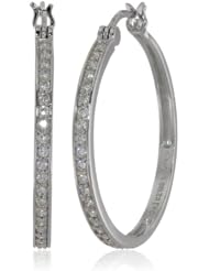 Sterling Silver Simulated Diamond Hoop Earrings  (1.2" Diameter)