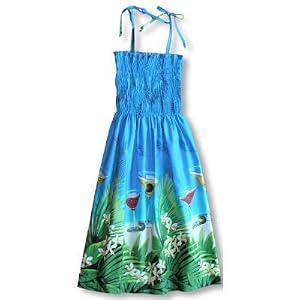 Floating Martini Spaghetti Strap Hawaiian Aloha Smocked Sun Dress