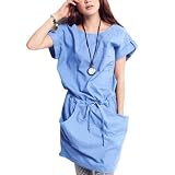 Allegra K Women Drawstring Waist Short Sleeve Mini Dress Light Blue S