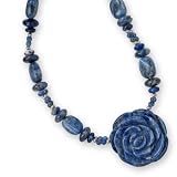 .925 Silver & Sodalite Beaded Necklace with Carved Sodalite Flower Pendant- 18 + 2 IN