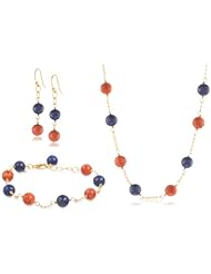 8-8.5mm Dyed Lapis and Sponge Coral Sterling Silver Gold Plated Necklace, Bracelet and Earrings Set (115.00 cttw), 18"