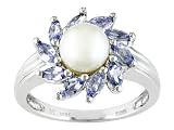 STERLING SILVER 7MM WHITE CULTURED FRESHWATER PEARL AND .79CTW TANZANITE RING