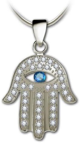 925 Sterling Silver Hamsa pendant Evil Eye Pendant with Blue Pave Set Cubic Zirconia Gemstones, 18"