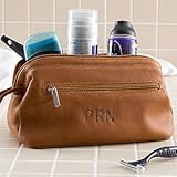 Embroidered Brown Leather Dopp Kit Travel Bag