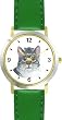 Gray Tabby Tom Cat and Kitten Cat - JP - WATCHBUDDY&reg; DELUXE TWO-TONE THEME WATCH - Arabic Numbers - Green Leather Strap-Size-Large ( Men's Size or Jumbo Women's Size )