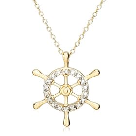 18k Yellow Gold Overlay Sterling Silver Diamond Accent Ship Wheel Pendant, 18" by 
