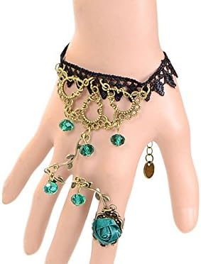 Lolita Green Rose Branch Shape Crystal Metal Black Lace Slave Bracelets with Ring
