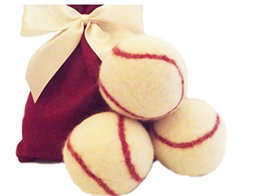 Wool Baseballs, Dryer Balls 100% Wool Ecofriendly- All-Natural Fabic Softener and Engery Saver - Cute Baseball design Gift Set of Three - Handmade in America, Natural and Unscented