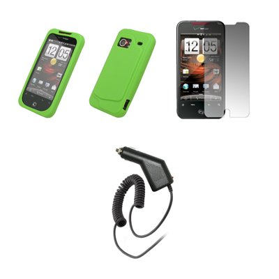 HTC Droid Incredible - Premium Neon Green Soft Silicone Gel Skin Cover Case + Crystal Clear Screen Protector + Rapid Car Charger for HTC Droid Incredible