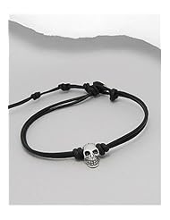 Black Skull Leather Bracelet In 92.5 Sterling Silver
