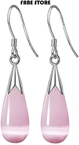 Sterling Silver Earrings with Pink Cat Eye Drop Bottle Shap Long Earrings