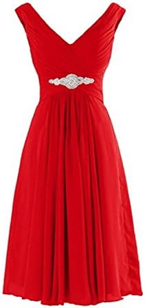 Deardresses Women's Straps V-neck Chiffon Short Bridesmaid Prom Dress DD003 (M, Red)