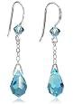 Delicate & Petite Dangle 12mm Aquamarine Aqua Teardrop Swarovski Crystal Sterling Silver Linear Earring (3127)