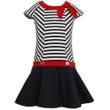 IMAGE OF Size-5 BNJ-5507-R NAVY-BLUE WHITE RED KNOT TIE NECKLINE TWIN STRIPED DROP WAIST KNIT Nautical Resort Sailor Dress,R35507 Bonnie Jean LITTLE GIRLS