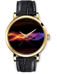 SPRAWL Aanalog Fashion Series Gold Ladies Watches of Genuine Black Leather Strap,Unique Wrist Watch for Women Girls Designed with Orange and purple waves dark background