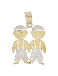 14k Yellow Gold White Rhodium Accents, Twin Boys Pendant Charm 14.5mm Wide