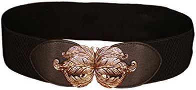 Cleyton Women Golden Leaf Style Elastic Stretch Wide Waist Belt (M(30-35inch), Black)