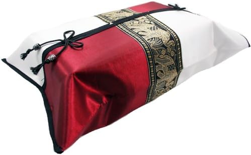 Phumpanya Red &amp; Ivory Silk Kleenex Tissue Box Cover Holder with Thai Elephants Stripe Gift Recommend