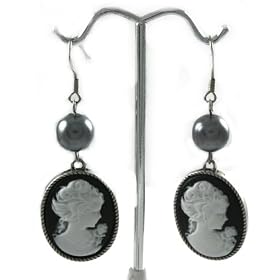 Radiant Beautiful Black Cameo Charm Earrings with Black Pearl Accent Comes Gift Boxed