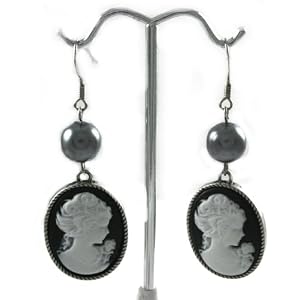 Radiant Beautiful Black Cameo Charm Earrings with Black Pearl Accent Comes Gift Boxed
