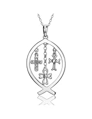 Sterling Silver and Diamond Accent Cross In Religious Fish Pendant