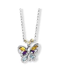 Silver & 14k Yellow Gold Citrine, Amethyst & Blue Topaz Butterfly Necklace