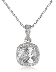 Sterling Silver Checkboard Cushion Cut Created White Sapphire Halo Pendant Necklace, 18"