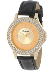 Geneva Womens 2378-Gold/Black-GEN Modern Rhinestone Boyfriend Faux Leather Band Watch