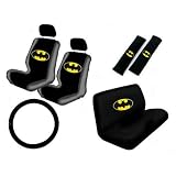 11 Piece Auto Interior Gift Set - Batman Classic Logo - 2 Bottom Seat Covers, 2 Top Seat Covers, 2 Headrest Covers, 2 Seat Belt Shoulder Pads, 1 Steering Wheel Cover, 1 Bottom Bench Seat Cover, 1 Top Bench Seat Cover