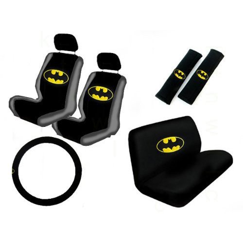  11 Piece Auto Interior Gift Set - Batman Classic Logo - 2 Bottom Seat Covers, 2 Top Seat Covers, 2 Headrest Covers, 2 Seat Belt Shoulder Pads, 1 Steering Wheel Cover, 1 Bottom Bench Seat Cover, 1 Top Bench Seat Cover