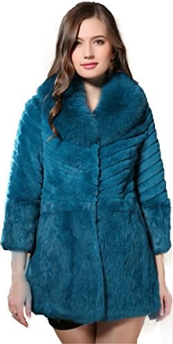 AORUI Women's Real Sheared Rabbit Fur Overcoat Fox Fur Collar Peacock Blue US14